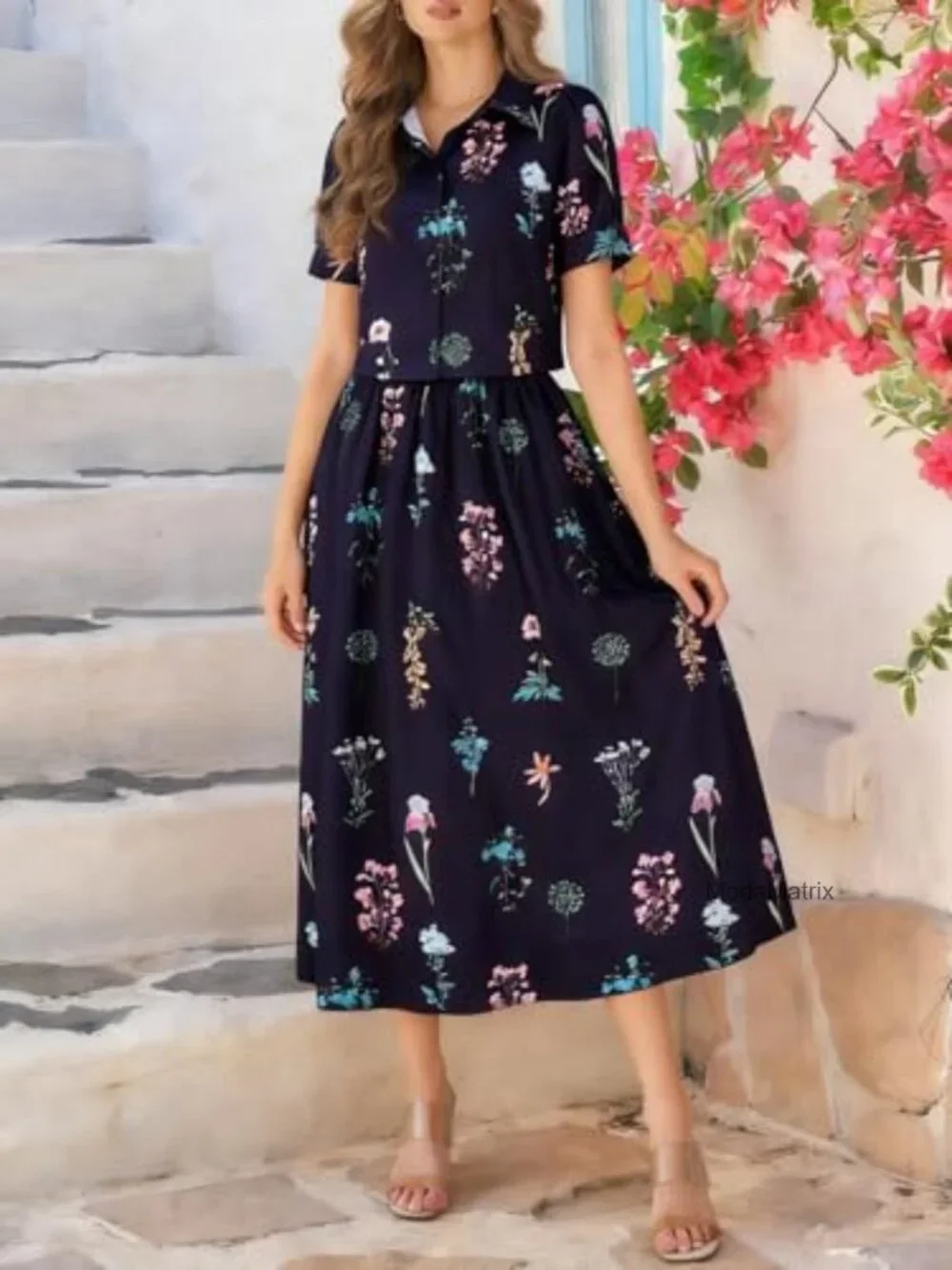 2 Piece Floral Skirt Set Puff Sleeve Blouse Elastic Waist Matching Vacation
